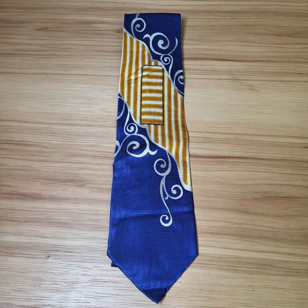 Laurant Benon Men's Silk Neck Tie Cobalt Blue Gold Abstract Print Retro Eclectic